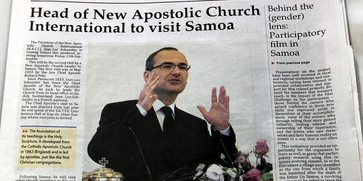 Die Tageszeitung „Samoa Observer“ berichtet vom Gottesdienst mit Stammapostel Schneider (Foto: NAC Western Pacific)